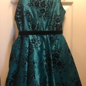 Emerald green silk with black velvet mini dress
